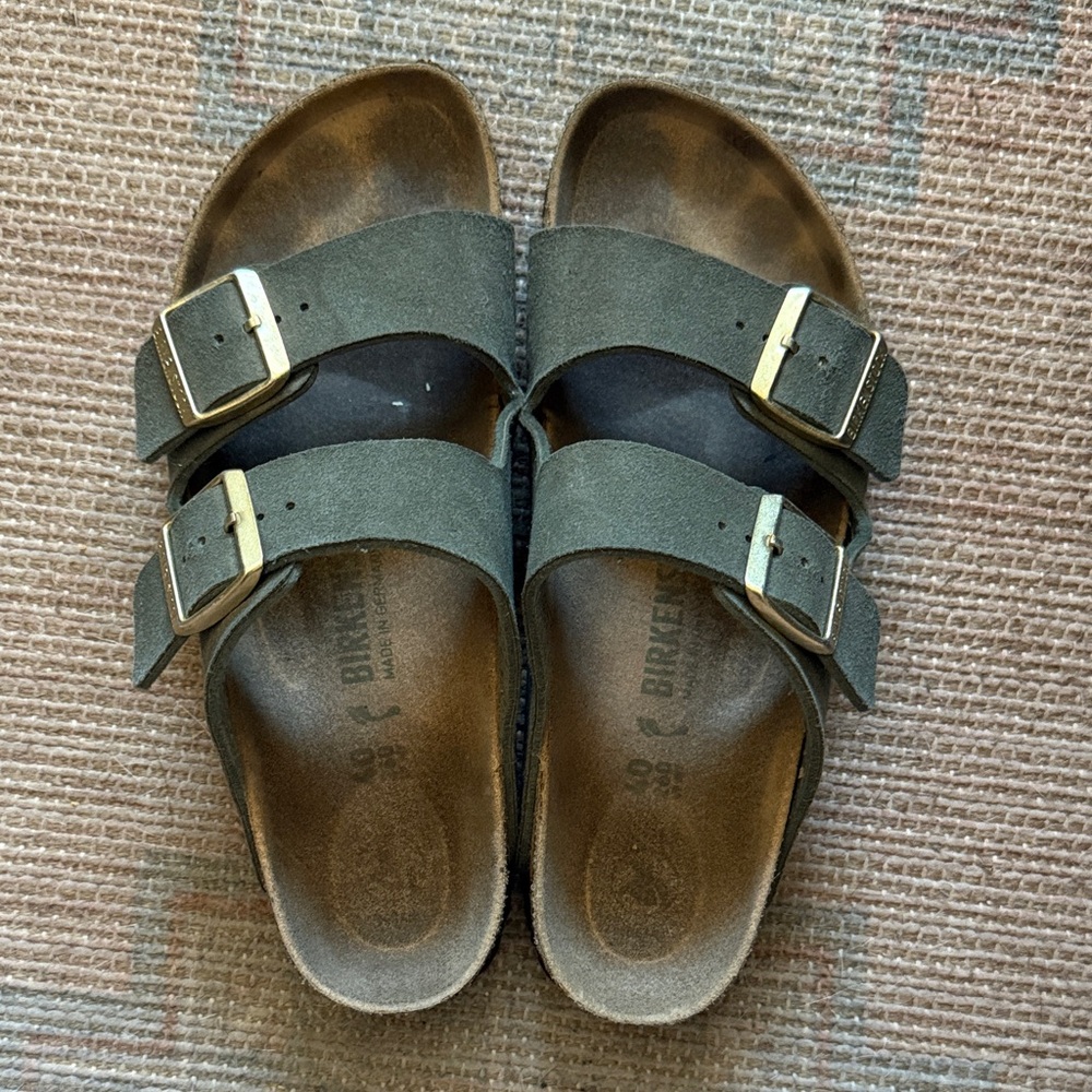 Birkenstock Olive Green Suede Arizona Sandals with Gold Buckles